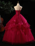 Wine Red Tulle A-line Beaded Straps Evening Dress, Wine Red Tulle Long Prom Dress